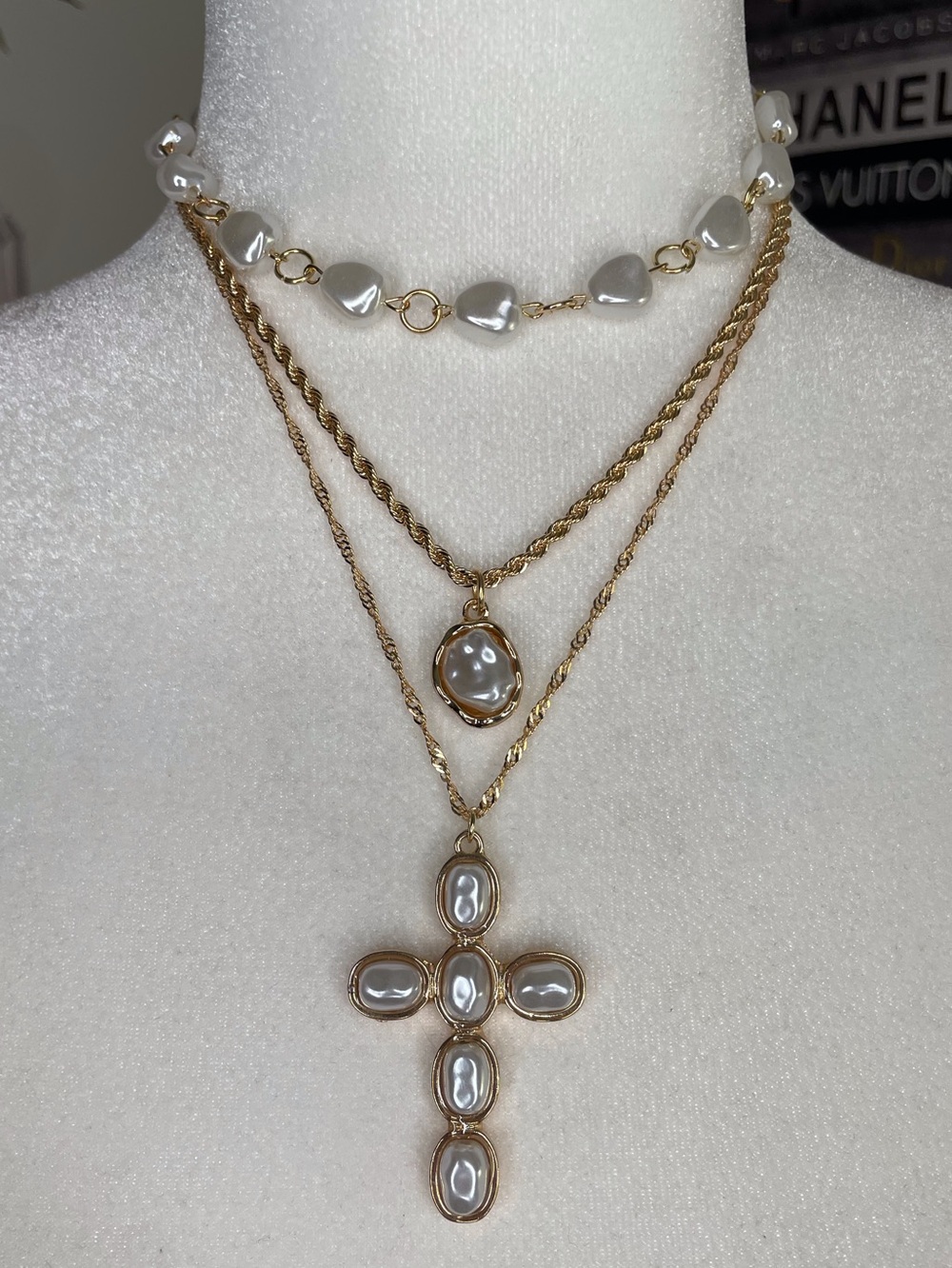 Gold Multilayer Pearl Cross Necklace - White Pearlescent Stones
